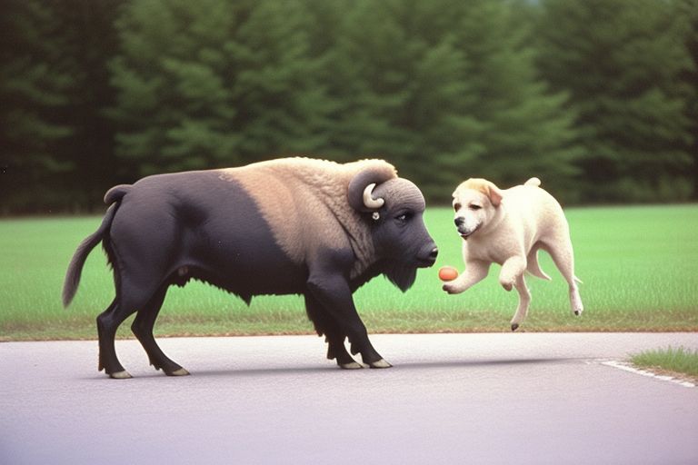 dog playing with buffalo