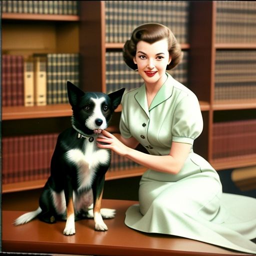 woman and dog in the library