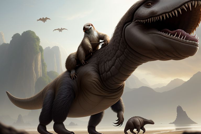 sloth riding a dinosaur
