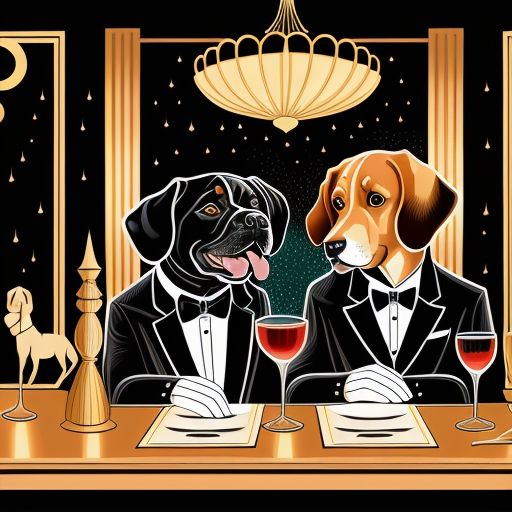 Dogs in a nightclub wearing tuxedos